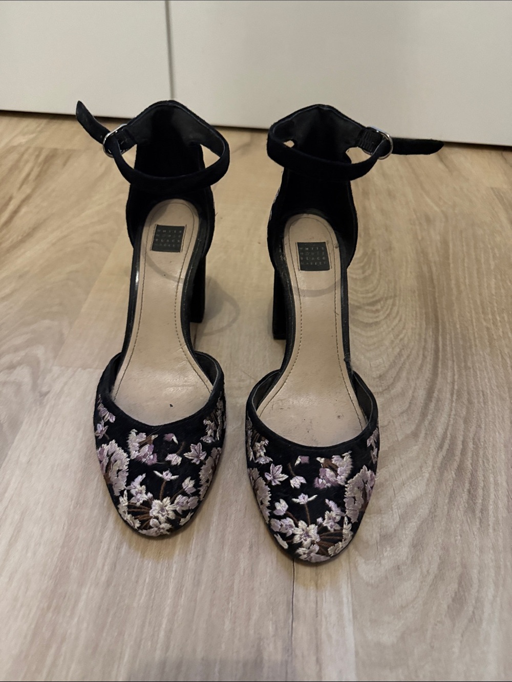 Black Floral Embroidered Ankle-Strap Women's Heels